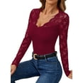 thumbnail image 3 of Women'S Floral Embroidery Mesh Lace V Neck Long Sleeve Top Wine Red XL, 3 of 9