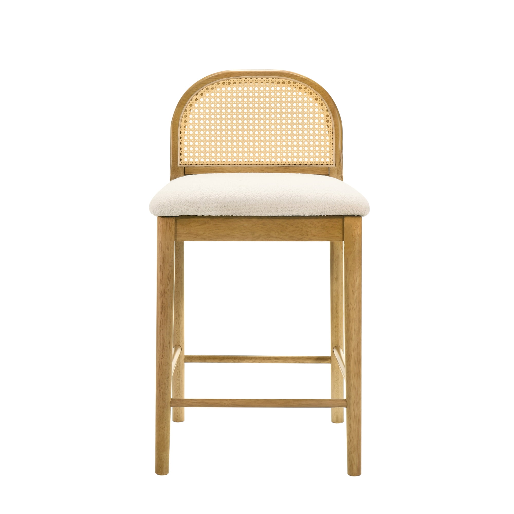 Lucio Modern Farmhouse Wood Counter Height Kitchen Bar Stool in Amber Glow Finish with White Boucle Fabric Upholstered Seat - Set of 2