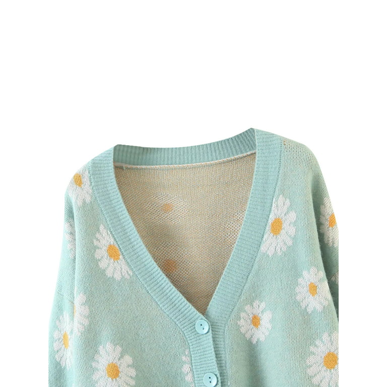 TOPGOD Women Loose Knit Neck Long Little V Casual Cardigan, Sleeve Floral Sweater Coat Daisy Lossen