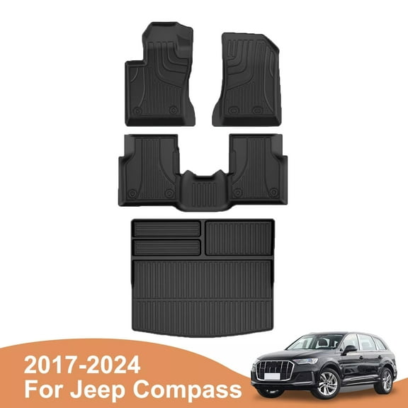 IKABEVEM Car Floor Mats & Cargo Liner TPE Rear Trunk Mat Set For Jeep Compass 2017-2024 All Weather Liners Protection