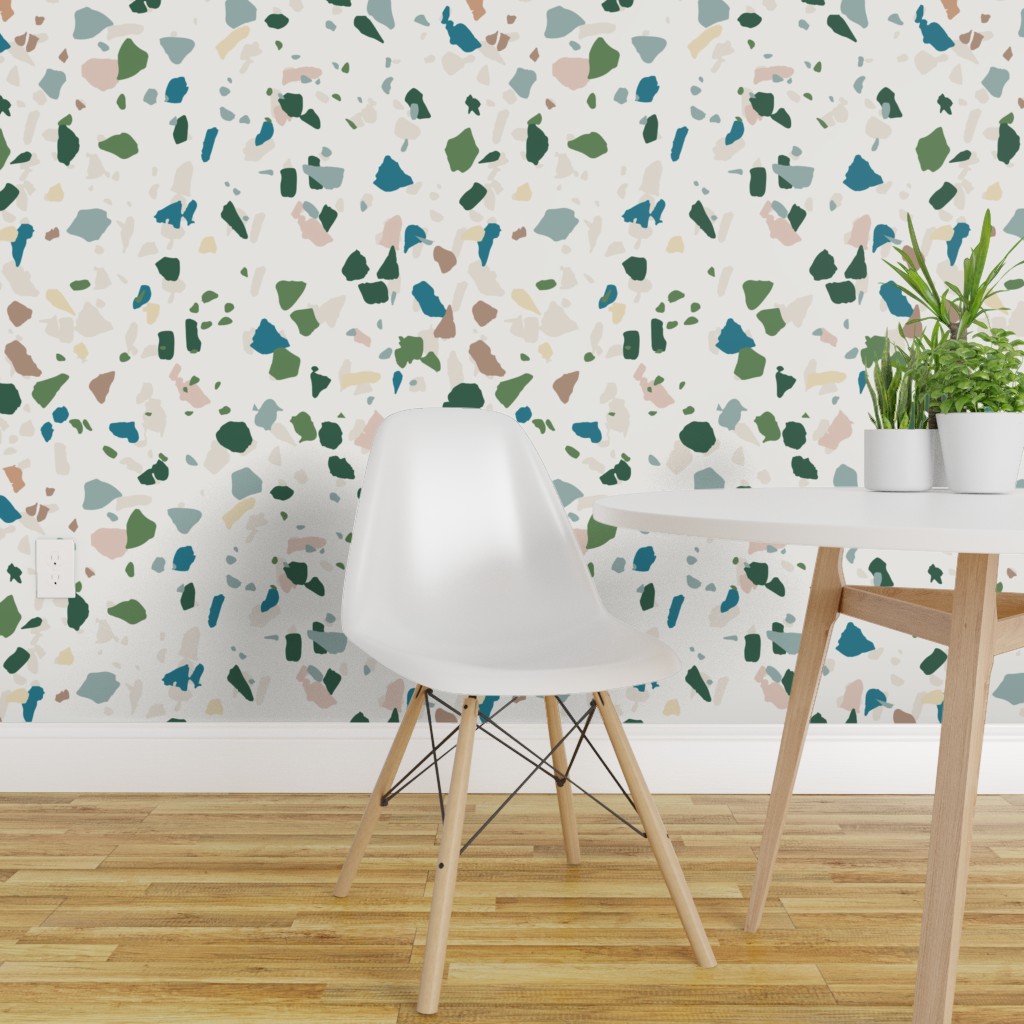 Peel-and-Stick Removable Wallpaper Terrazzo Stone Gems Teal Green Cream