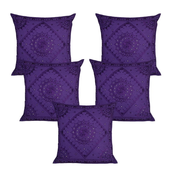 Stylo Culture Ethnic Chair Seat Throw Pillow Covers 24x24 Large Hand Embroidered Purple Bohemian 60cm x 60cm Home Decor Cotton Mirrored Square Cushion Covers | Set Of 5