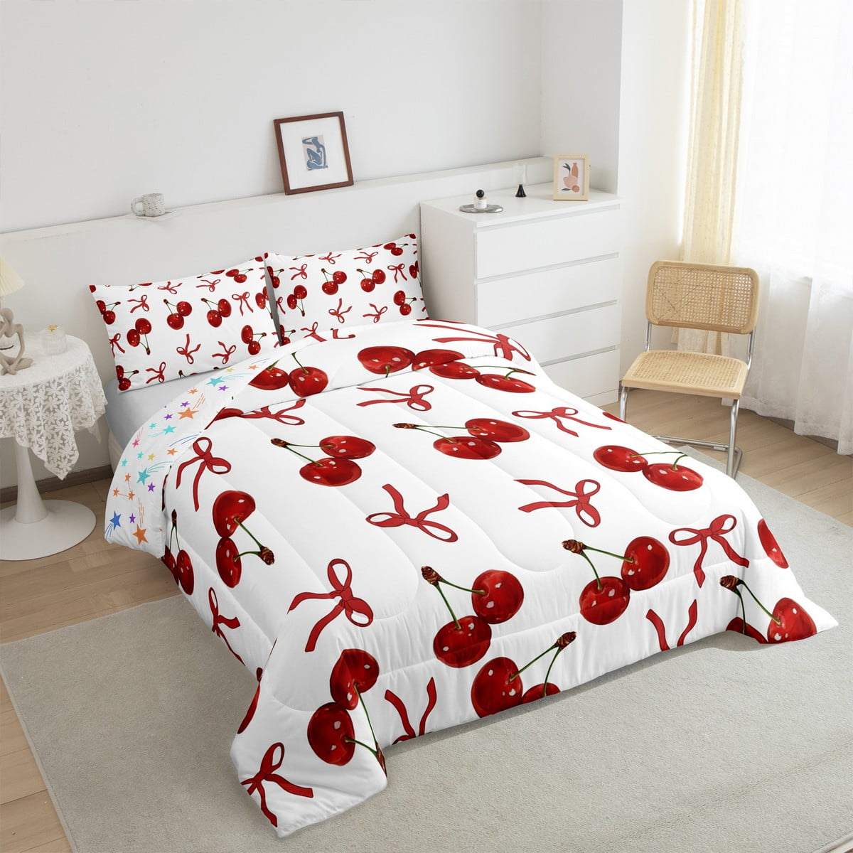 Erosebridal Red Cherry Bedding Sets Full with Comforter, Cartoon Bow Duvet Insert, Princess Style Decor, Reversible 3 Pieces
