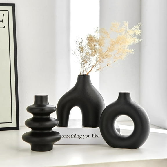 Bohemian Style 3-Piece Set Black Ceramic Vases - Perfect for Pampas Grass, Weddings and Home Decor with Geometric Round Design for Living Room, Bedroom, Coffee Table
