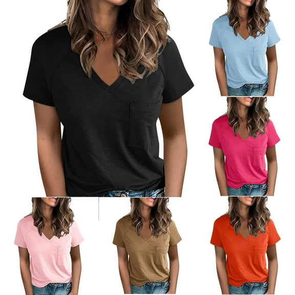 Olyvenn Stylish Womens T Shirts Short Sleeve V Neck Tees Tops for Women Casual Basics Tshirt Blouses Summer Outfits Clothes Black L