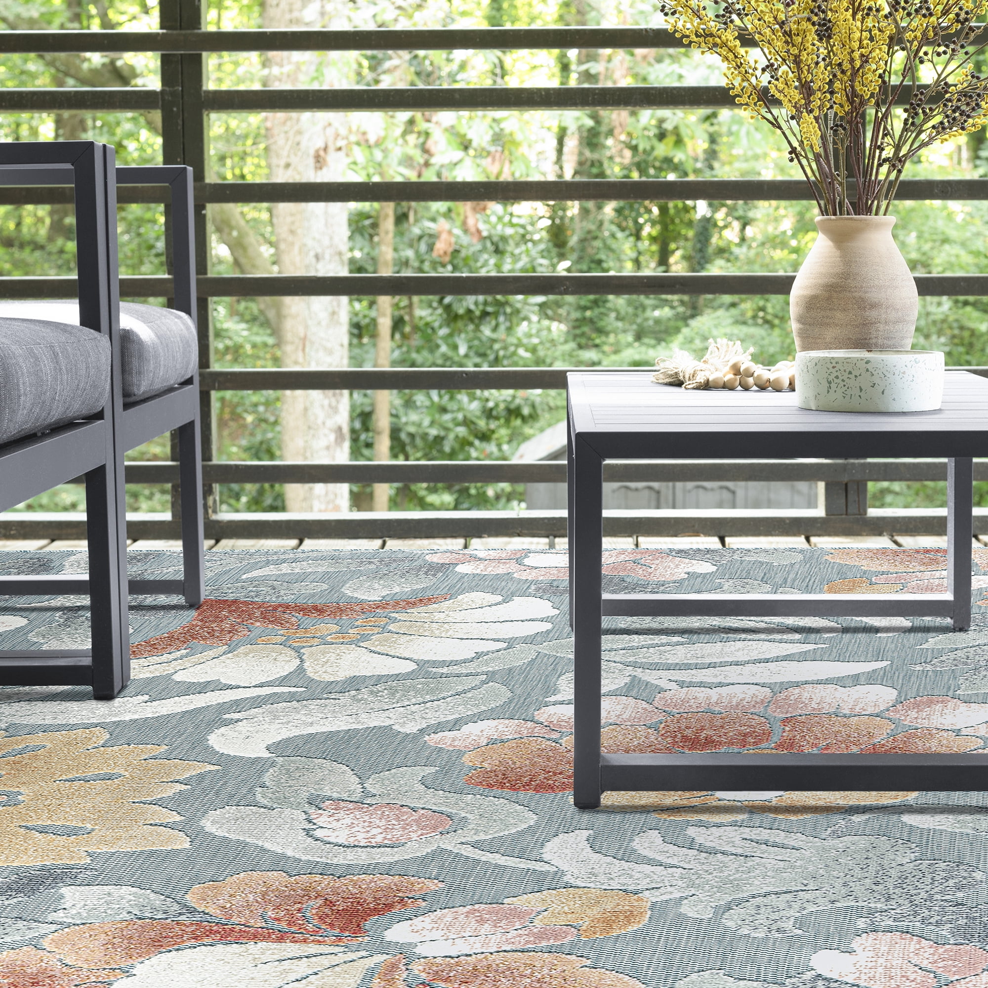 8x10 Water Resistant, Large Indoor Outdoor Rugs for Patios, Front Door Entry, Entryway, Deck, Porch, Balcony | Outside Area Rug for Patio | Aqua, Floral | Size: 7'7'' x 10'3''