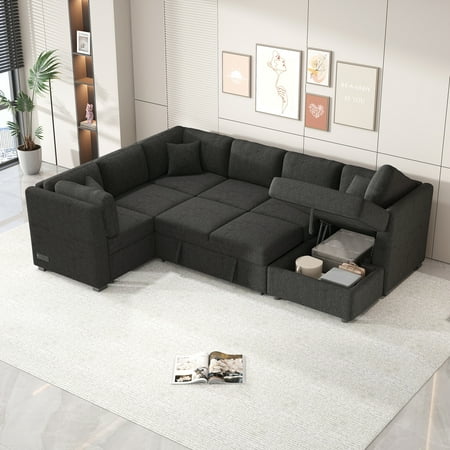 EUROCO 108.6" U-shaped Sectional Sofa Pull out Sofa Bed, Chenille Sofa Couch with 2 USB Ports, 2 Power Sockets, 3 Back Pillows and a Storage Chaise for Living Room, Black