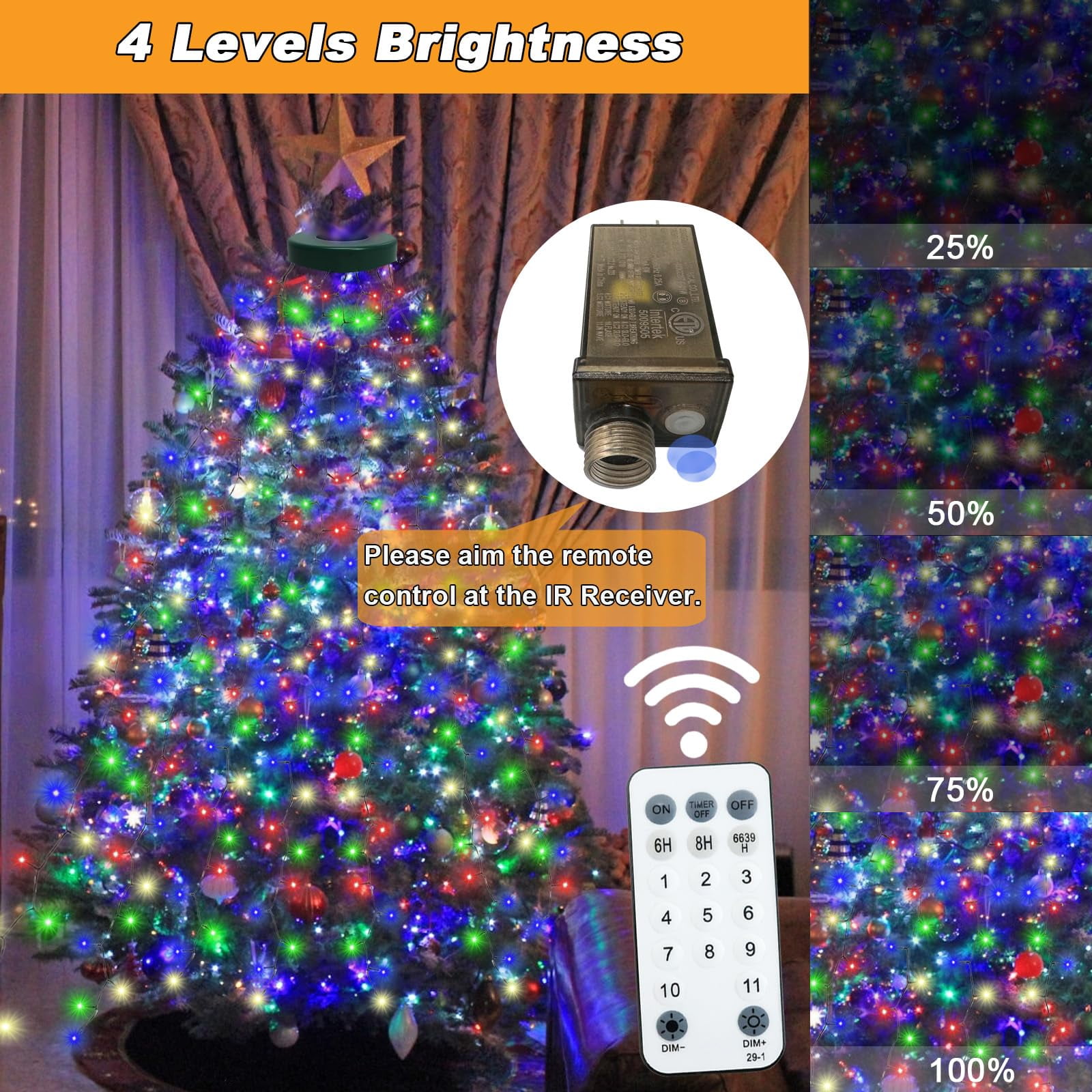 Christmas Tree Lights with Ring, Christmas String Lights for Tree, 8.2ft 16 Line 480 LED Christmas Light with 11 Modes and Timer, Xmas Fir Pine Party Decoration for Outdoor Indoor, Multicolor