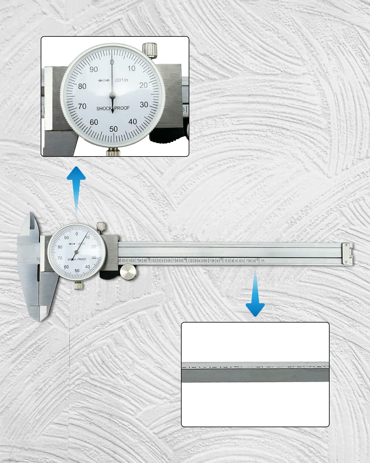 6 Inch Dial Caliper +/-0.001 Inch Accuracy, Shockproof Hardened Stainless Steel Metal 4-Way Measurement Calipers Measuring Tool with Plastic Case
