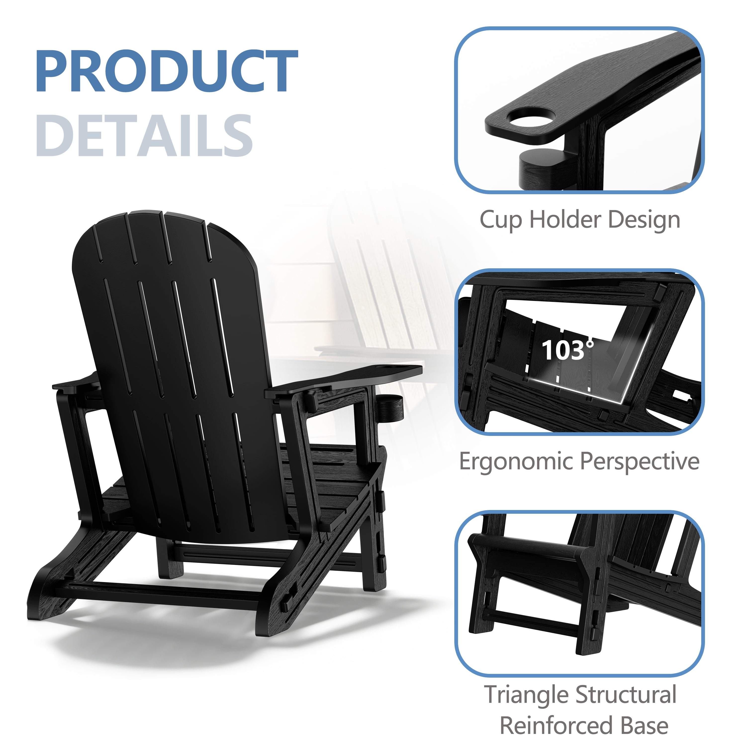 Walsunny Adirondack Chairs Set of 2 HDPE Outdoor Chair Set with Connecting Tray Cup Holder Removable Tabletop Pull-Out Footrest,All-Weather HDPE Outdoor Chair Set,Black