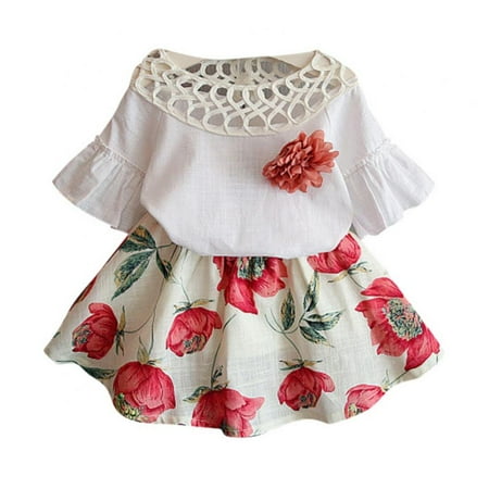 

GYRATEDREAM Toddler Kids Girl Skirt Outfit Flower Short Sleeve T-Shirt Top + Skirt Clothing Set 2-7 Years