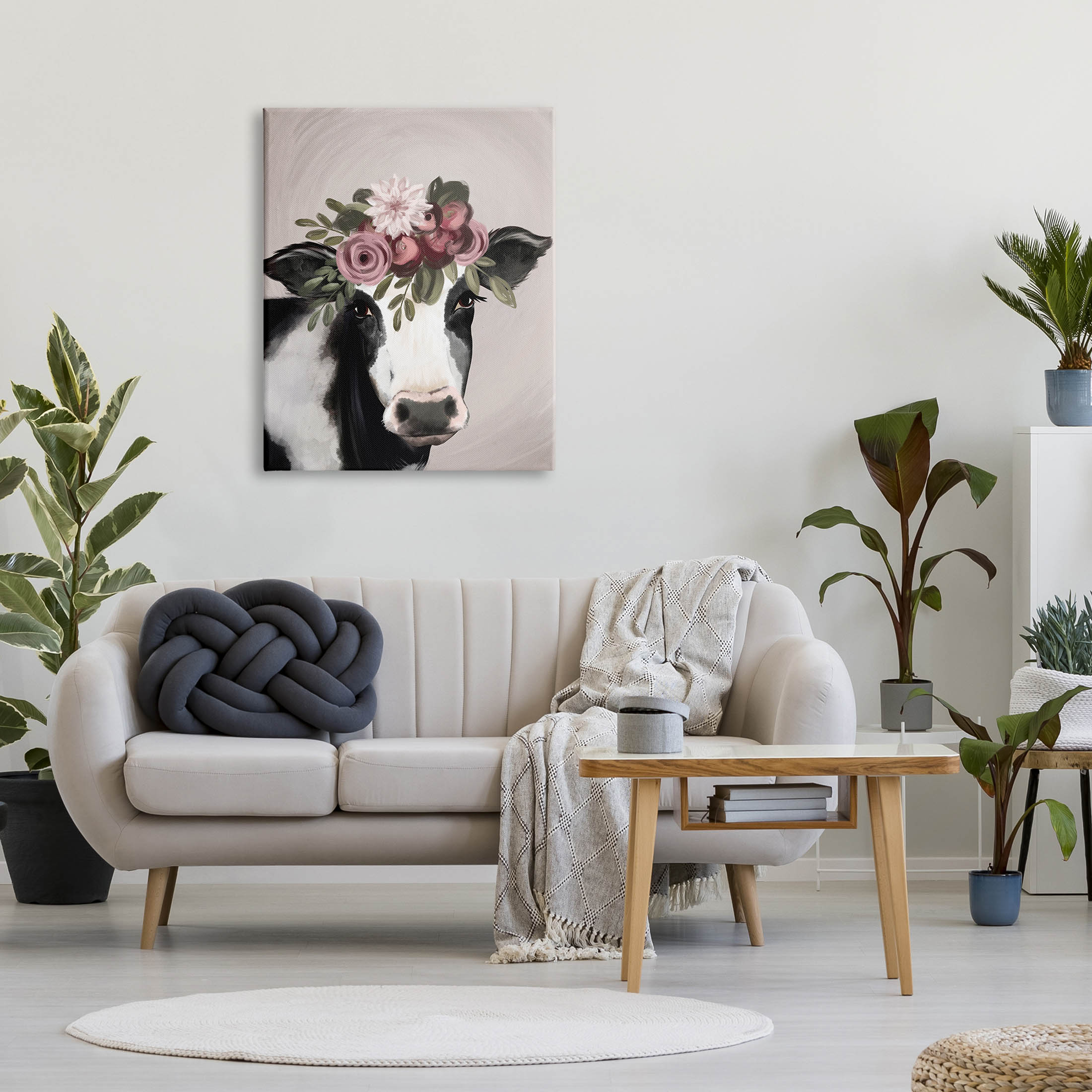 Floral Farm Cow Pink Blooms Animals & Insects Graphic Art Gallery Wrapped Canvas Print Wall Art