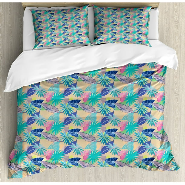 Tropical Duvet Cover Set King Size, Exotic Hawaiian Flora with Colorful ...