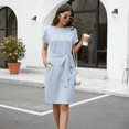 thumbnail image 6 of SOMER Dresses for Women Summer Short Sleeve Midi Dress Crewneck Striped Tie Waist Work Trendy T Shirt Dresses with Pockets Casual Beach Vacation Blue, 6 of 6