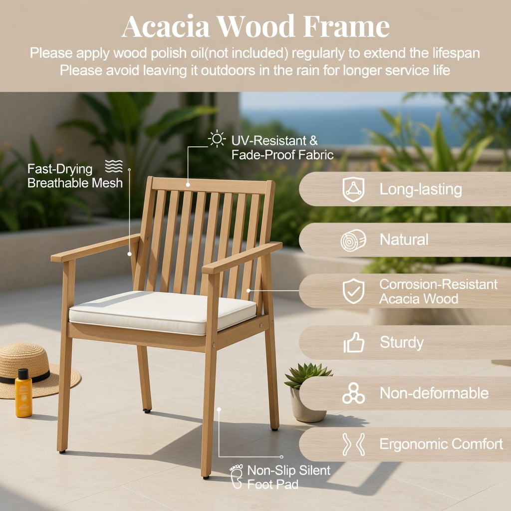Hommoo 2-Pack Outdoor Dining Chairs, Acacia Wood Patio Chairs with Removable Zippered Cushions, Ideal for Backyard, Porch & Deck, White