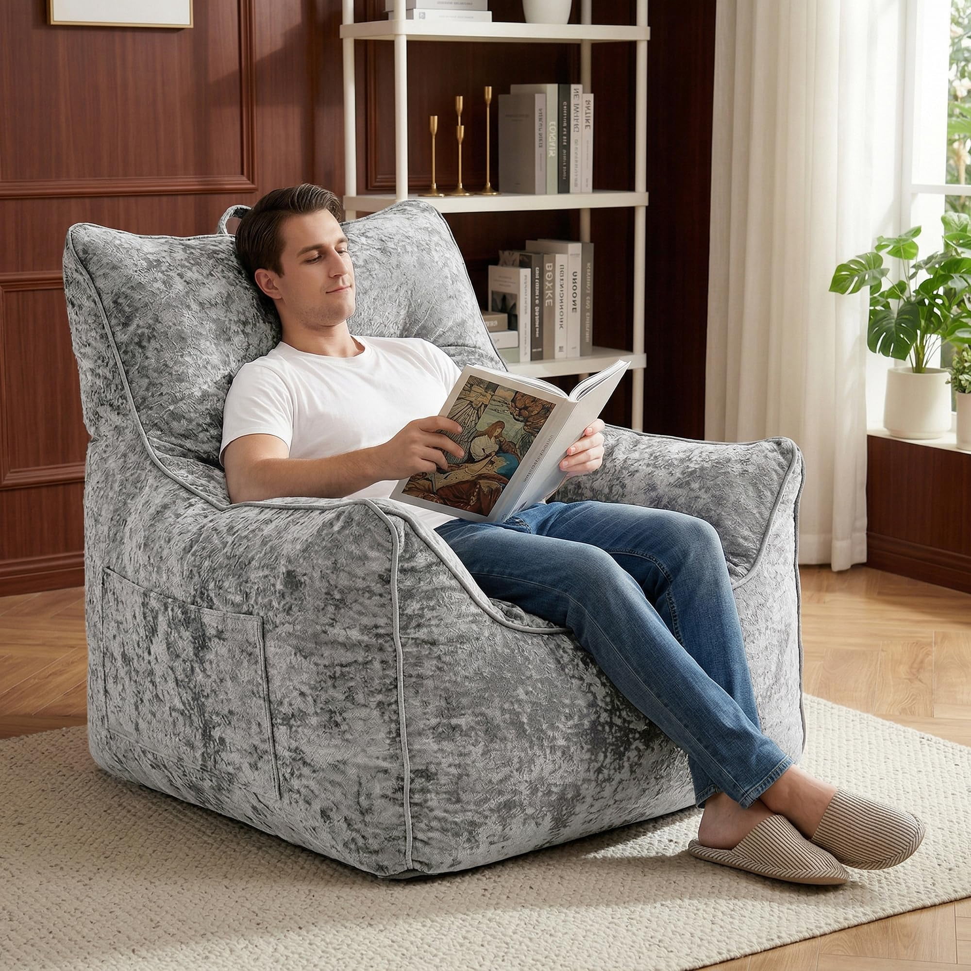 Danolapsi Bean Bag Chair, Comfy Bean Bag Sofa with Back Support, Soft Chenille Lazy Chair for Adults, Shredded Foam Couch Single Lounges for Apartments, Living Rooms, Bedrooms, Games, Reading