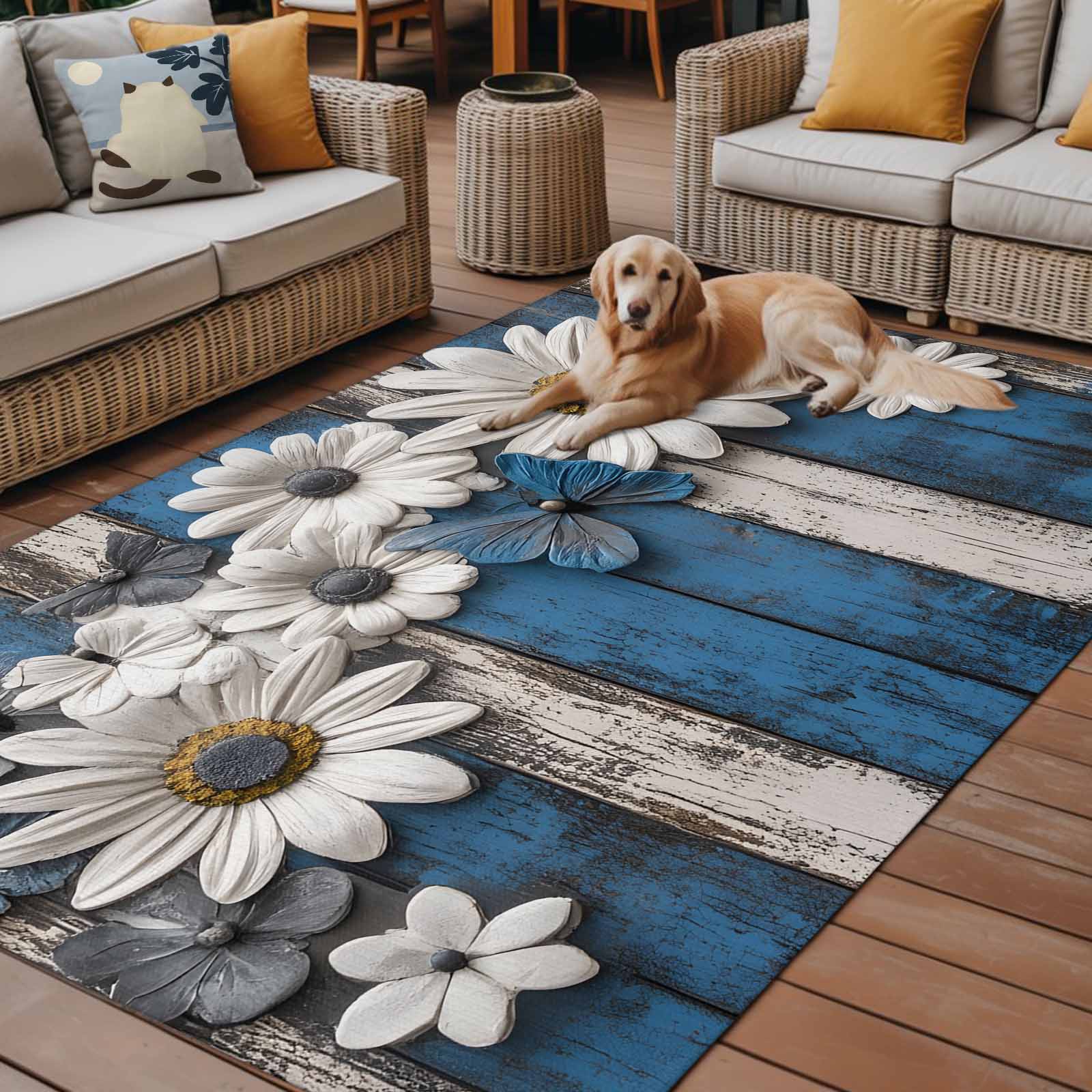 Fsddascl Blue White Daisy Outdoor Rug for Patio/Deck/Porch, Non-Slip Large Area Rug 5 x 8 Ft, Vintage Farmhouse Butterfly Floral Wood Indoor Outdoor Rugs Washable Area Rugs, Camping Rug Carpet