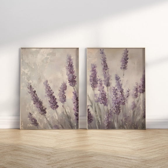 Lavender Wildflower Wall Art Set Of 2 Pieces Floral Purple Spring Flower Wall Decor Soft Muted Neutral Home Vintage Set 2 Prints, Poster Only