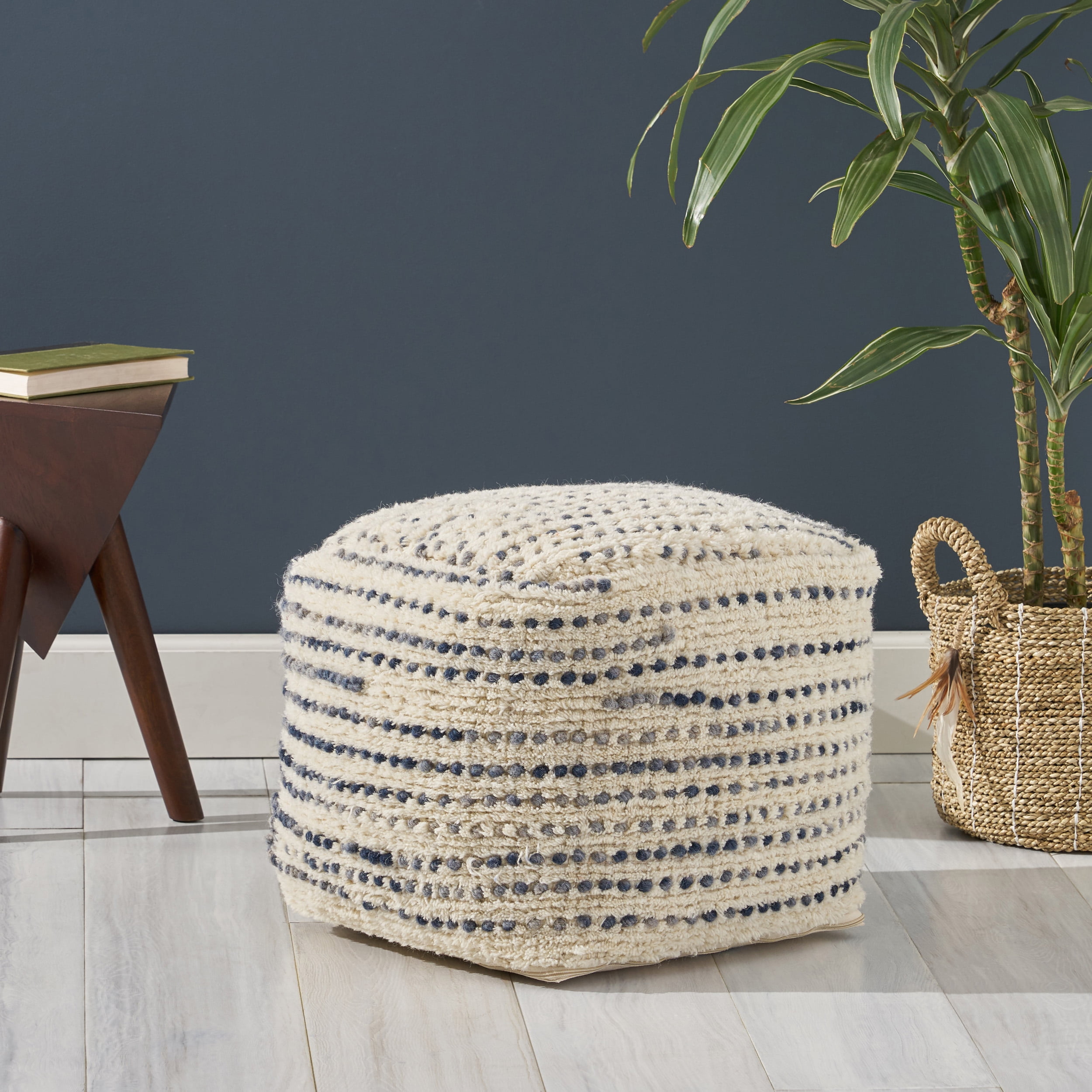 Noble House Jaden Boho Wool and Cotton Ottoman Pouf, Ivory and Blue