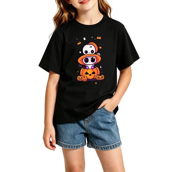 CONFREE Girls Halloween Short Sleeve Tshirts Crew Neck Cute Ghost Pumpkin Graphic Casual Hallowmas T-Shirt for Kids