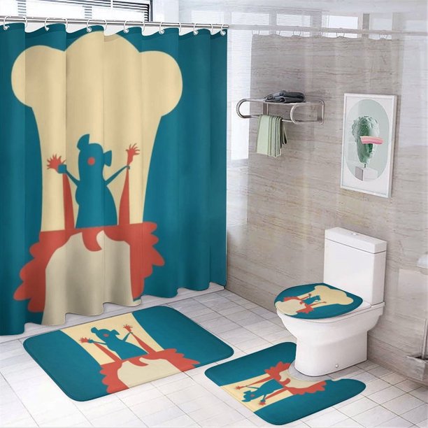Juego de 4 cortinas de ducha Ratatouille con alfombrillas antideslizantes, tapa de inodoro y alfombrilla de baño, cortina de ducha impermeable con dibujos animados para niños con 12 ganchos,