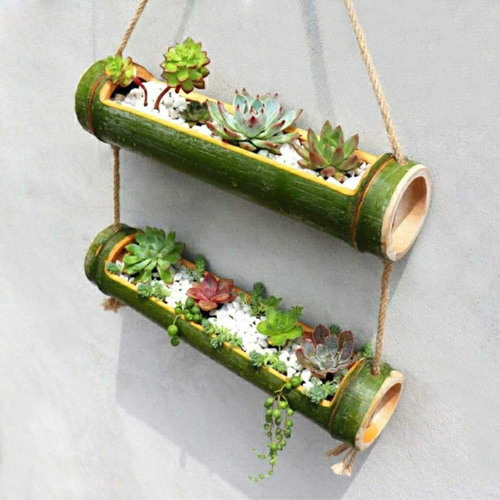 Bamboo Hanging Succulent Planter Hanging Planters for Indoor Plants, 2 Tier Hanging Pot Wall Planters for Indoor Plants, Hanging Plant Holder for Succulent Air Plant Herb (Green)