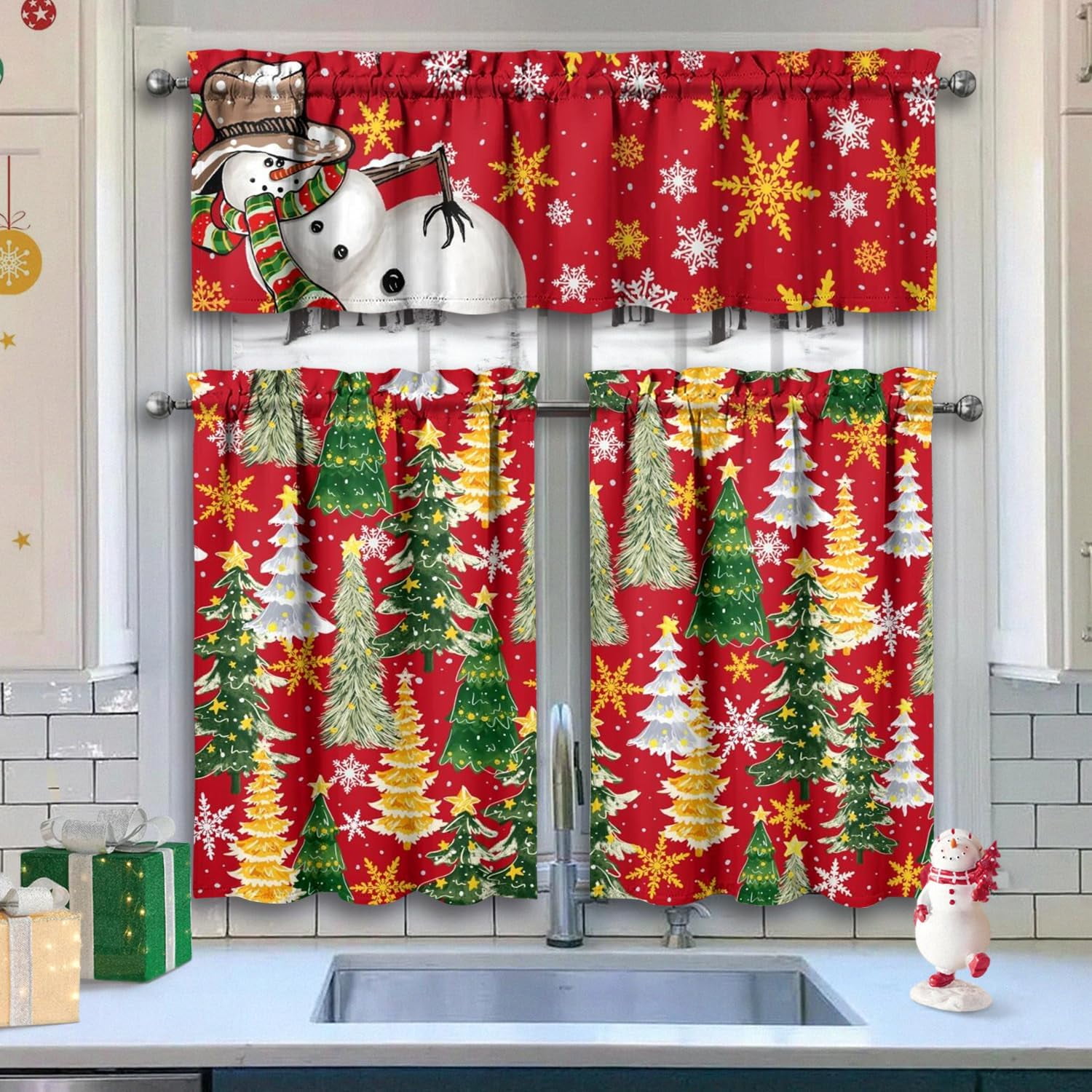 Christmas Kitchen Curtains Valances 3 Piece Set Red Snowman Let it Snow Merry Xmas Trees Rod Pocket Farmhouse Cafe Curtain Over Sink Window for Holiday Winter Decor 36 Inch
