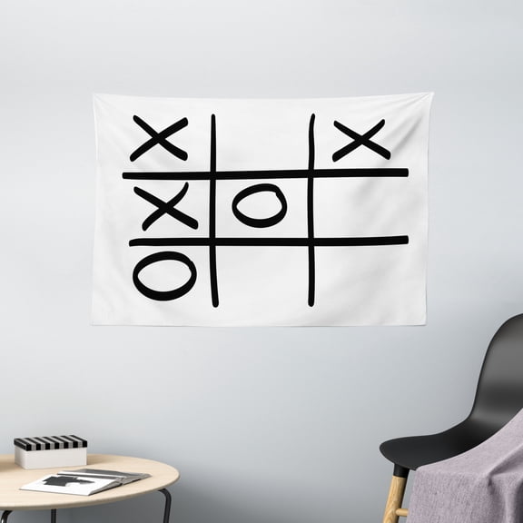 Xo Decor Tapestry, Tic Tac Toe Pattern Unfinished Game Hobby Theme Alphabet Minimalist Artful Image, Wall Hanging for Bedroom Living Room Dorm Decor, 60W X 40L Inches, Black White, by Ambesonne