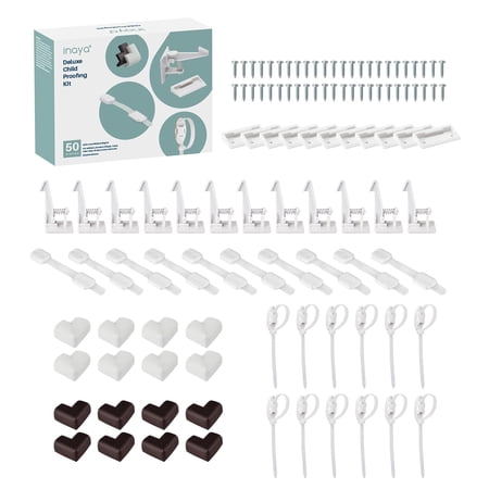 Inaya Complete 50pc Deluxe Baby Proofing Kit - Flexible Hidden Baby Locks for Cabinets and Drawers, Adjustable Child Safety Latches, Corner Guards & Furniture Anchors C31
