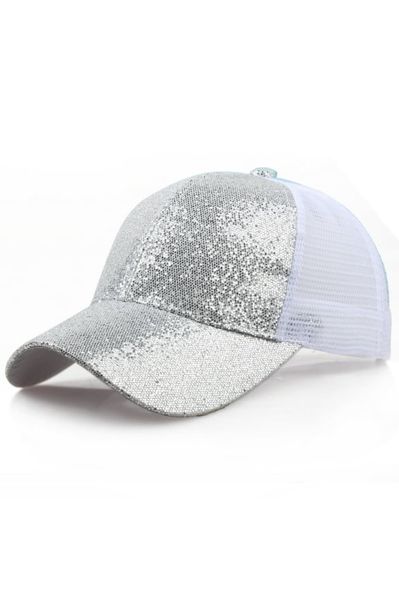 Girls Glitter Baseball Cap Criss Cross Hat, Girl High Ponytail Hat - Kids Trucker Hat with High Bun Messy Ponytail Silver 58