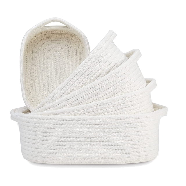Juego de Cestas de Almacenamiento Rectangulares de 5 Piezas Cestas Tejidas de Cuerda AlgodóN para Organizar, GuarderíA para BebéS, Cestas Juguete para Perros, Color Blanco