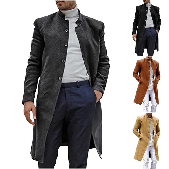 LOVZFMLL Trench Coat for Men Button Down Stand-Up Collar Long Jacket Casual Loose Long Sleeve Coat Fall Winter Overcoat Outwear with Pockets