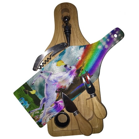 Gold Natural Wood Cheese Board - KuzmarK Wine & Cheese Glass Cutting Board Wood Box Gift Set - Kitty Cat Gold Gun Rainbow Unicorn