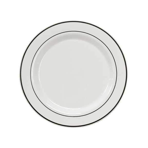 Party Essentials 70-Count Hard Plastic 7.5" Divine Dinnerware Disposable China Salad/Dessert Plates, White with Silver Band