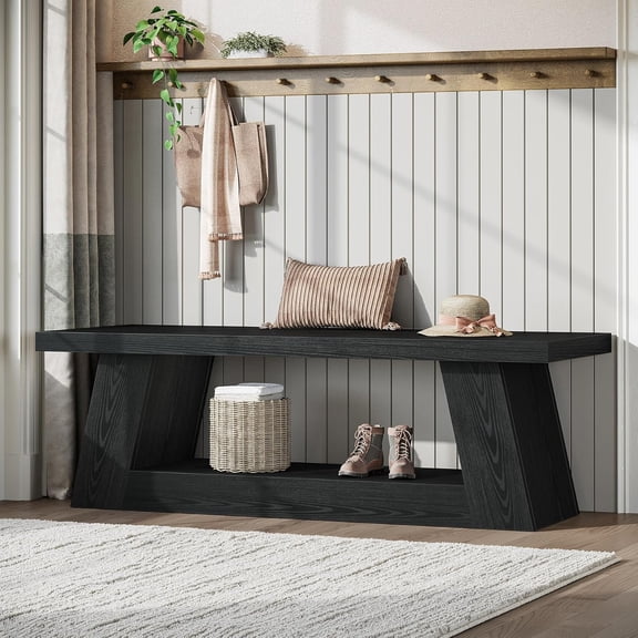 Tribesigns 63" Wooden Entryway Bench with Storage Shelf, 2-Tier Narrow Hallway Seating Bench for Living Room, Bedroom, Black