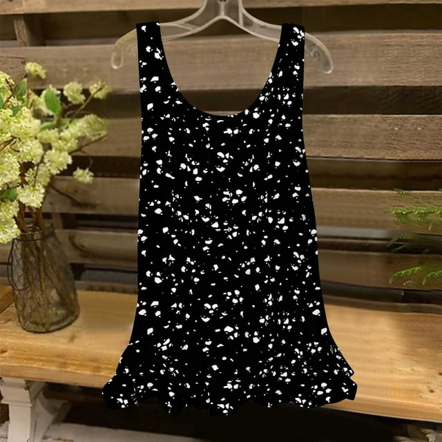 UPPADA Débardeurs pour Femmes Été Décontracté Col Rond Sans Manches Haut T-Shirts à Imprimé Floral Coupe Ample Tunique Basique Chemises Blouses Plissées Fluides Liquidation Noir,P