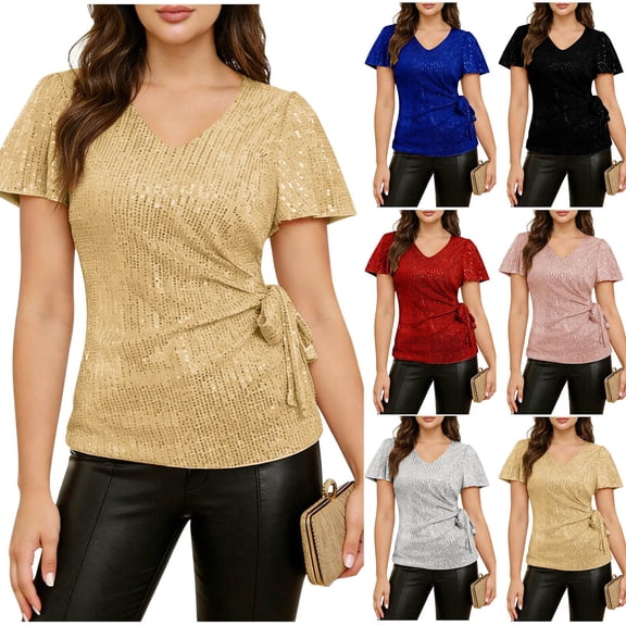 Women's V-Neck Short Sleeve Sequin Wrap Top Blouse Shirt Solid Color Sparkly Party Night Out Casual Daily Wear Fashion Essential Gift for Women | CSEONE,Red L