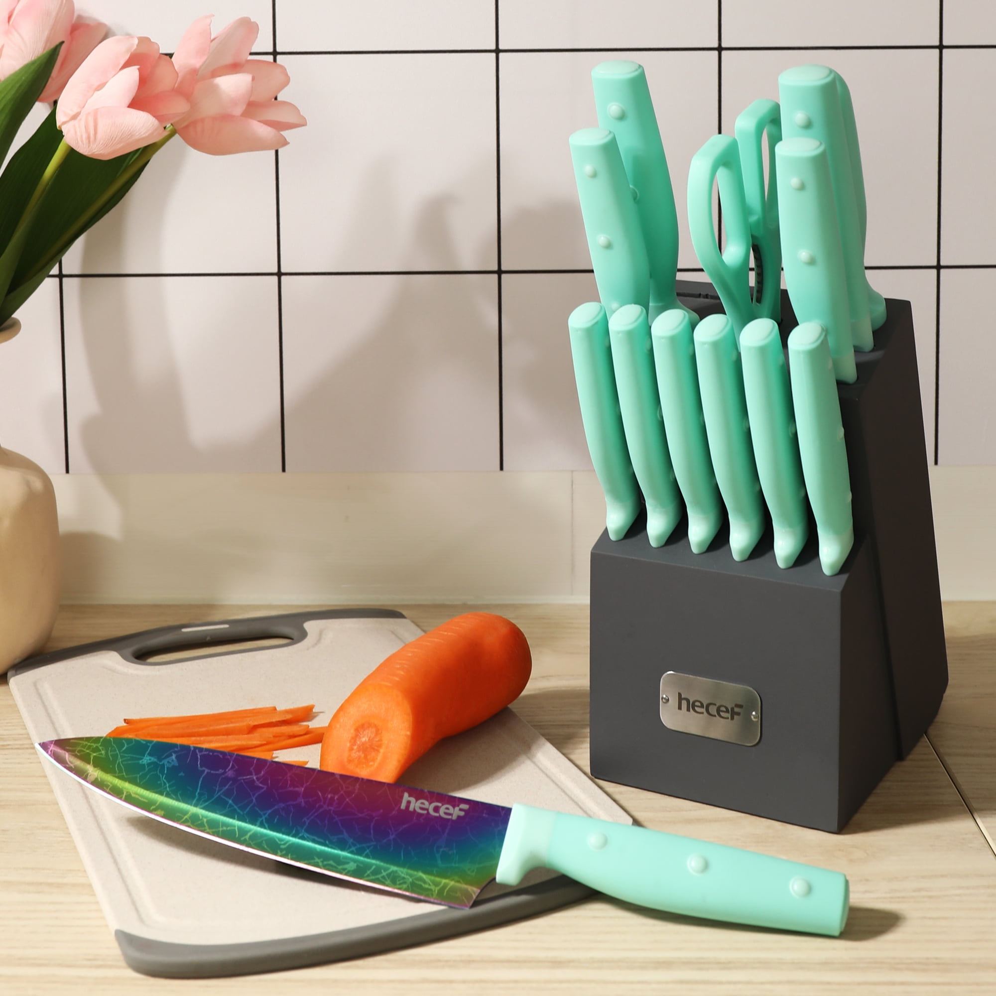 Hecef Dishwasher Safe Knife Block Set, Rainbow Titanium Coated Kitchen Knives Set with Scissors, Steak Knives
