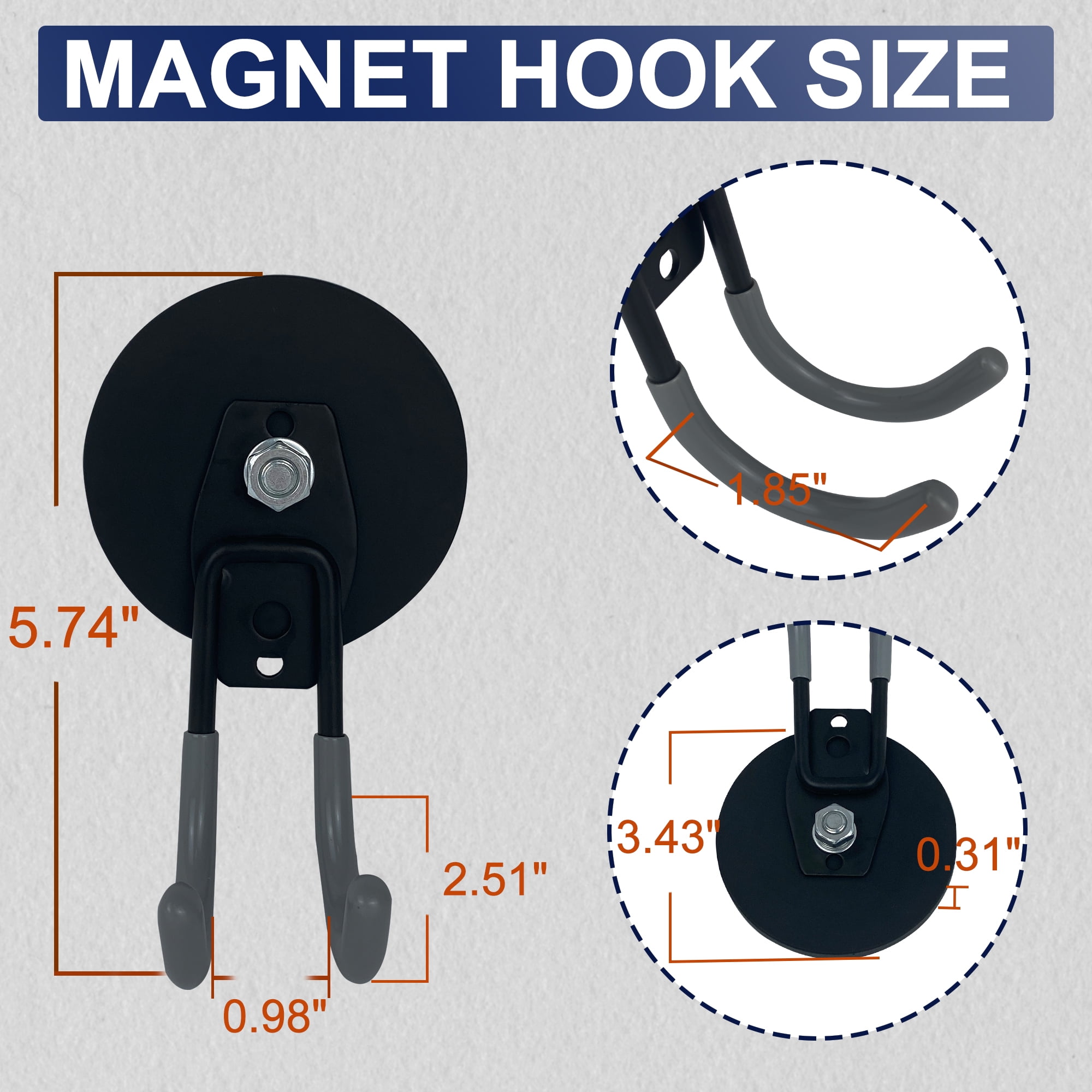 TSUYA Heavy Duty Large Garage Magnet Hooks, Strong Storage Utility Magnetic Hooks with Anti-Slip Coating for Indoor & Outdoor Hanging (D88 Base, Gray Round Hook)