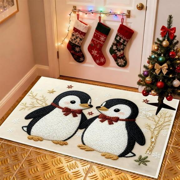 Christmas Decorations, Stereoscopic Embroidery Style Penguin Entrance Door Mat Absorbent Non-Slip Holiday Carpet Dirt Proof Bathroom Floor Foot Mat 15.7x23.6 In