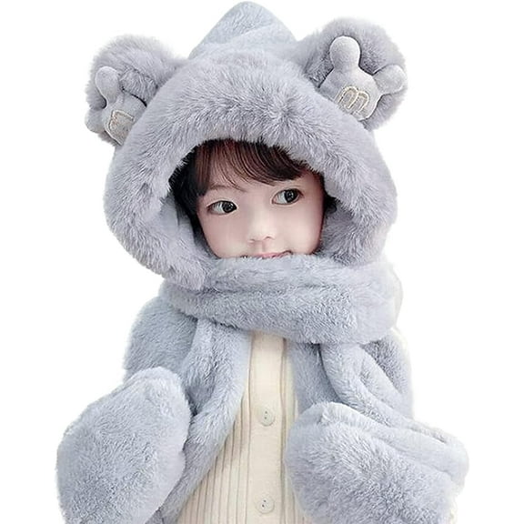 Kids Winter Hat Scarf Mittens 3 in 1 Hat Faux Fur Hat Hooded Scarf Earflap Cap Neck Warmer Ski Hat Hat Scarf Gloves Set