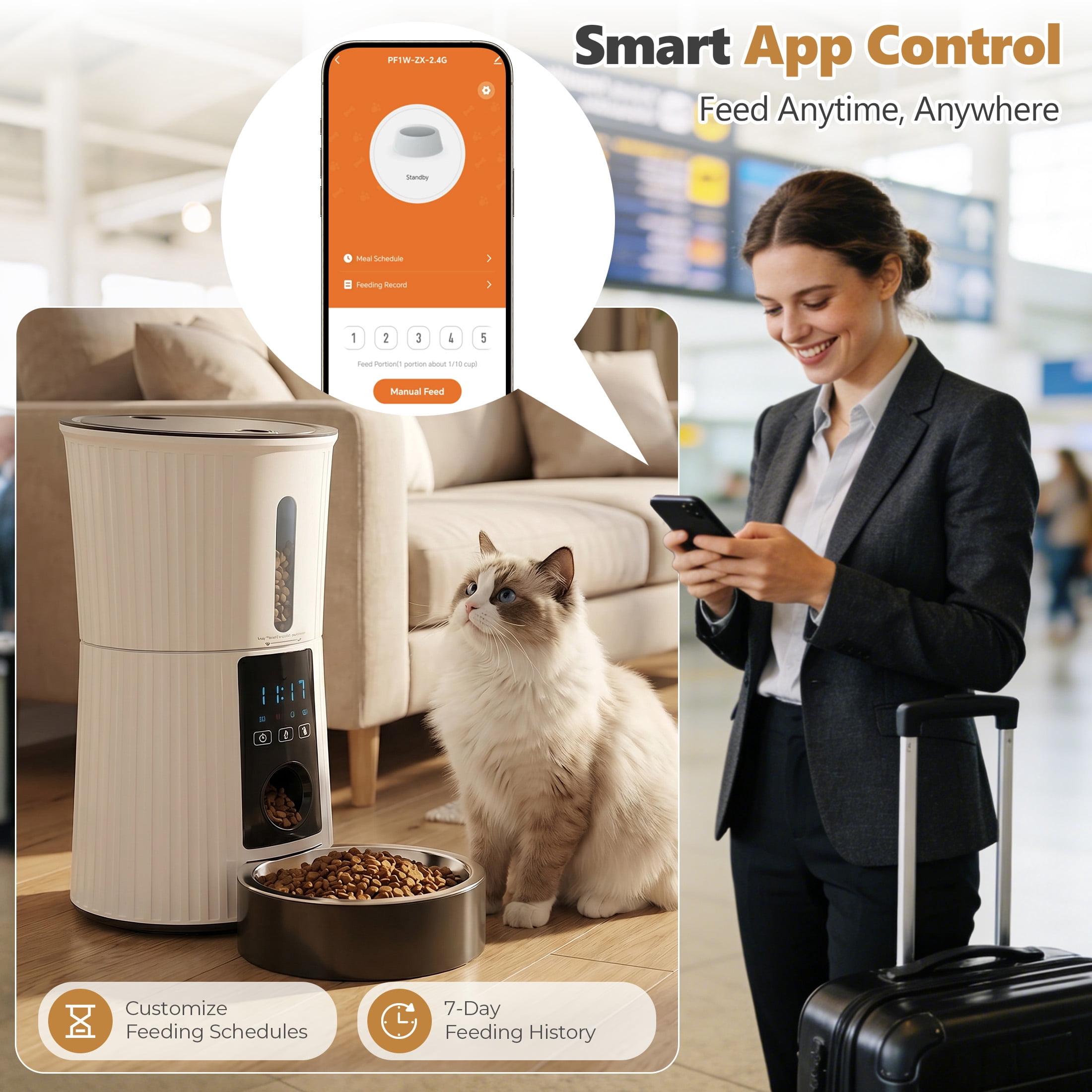 EDX WiFi 4L Automatic Pet Feeder&nbsp;with App, 7-Day Feeding Logs, 10s Voice Recorder & Dual Power, for Home/Weekend Trips,&nbsp;Timed Feeder for Cats & Dogs, White