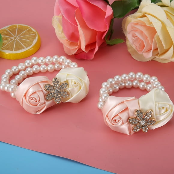 YUMILI Fleur de Poignet de Mariage, Fleur de Main de mariée 2pcs Belle Main Fleur Demoiselle d'honneur Poignet Corsage décorations Perle Satin(Ivoire avec Rose)
