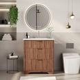 thumbnail image 2 of 24" Fluted Bathroom Vanity with Sink, Farmhouse Freestanding Bathroom Sink Cabinet with 2 Drawers & 1 Flip-Down Drawer, Easy Assembly & Cleaning, Walnut, 2 of 7
