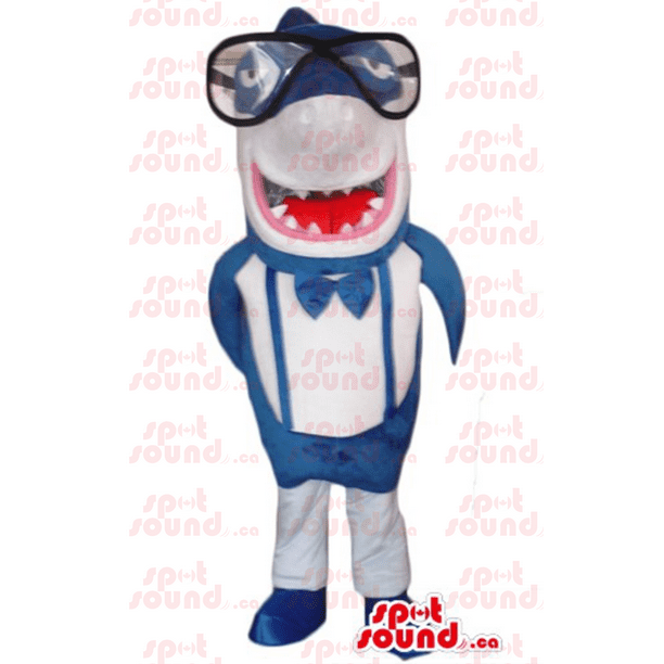 Blue and white fish in glasses cartoon character SPOTSOUND Mascot SPOTSOUND Costume - Mascots fish Blue and white fish in glasses cartoon character SPOTSOUND Mascot SPOTSOUND Costume - Mascots fish
