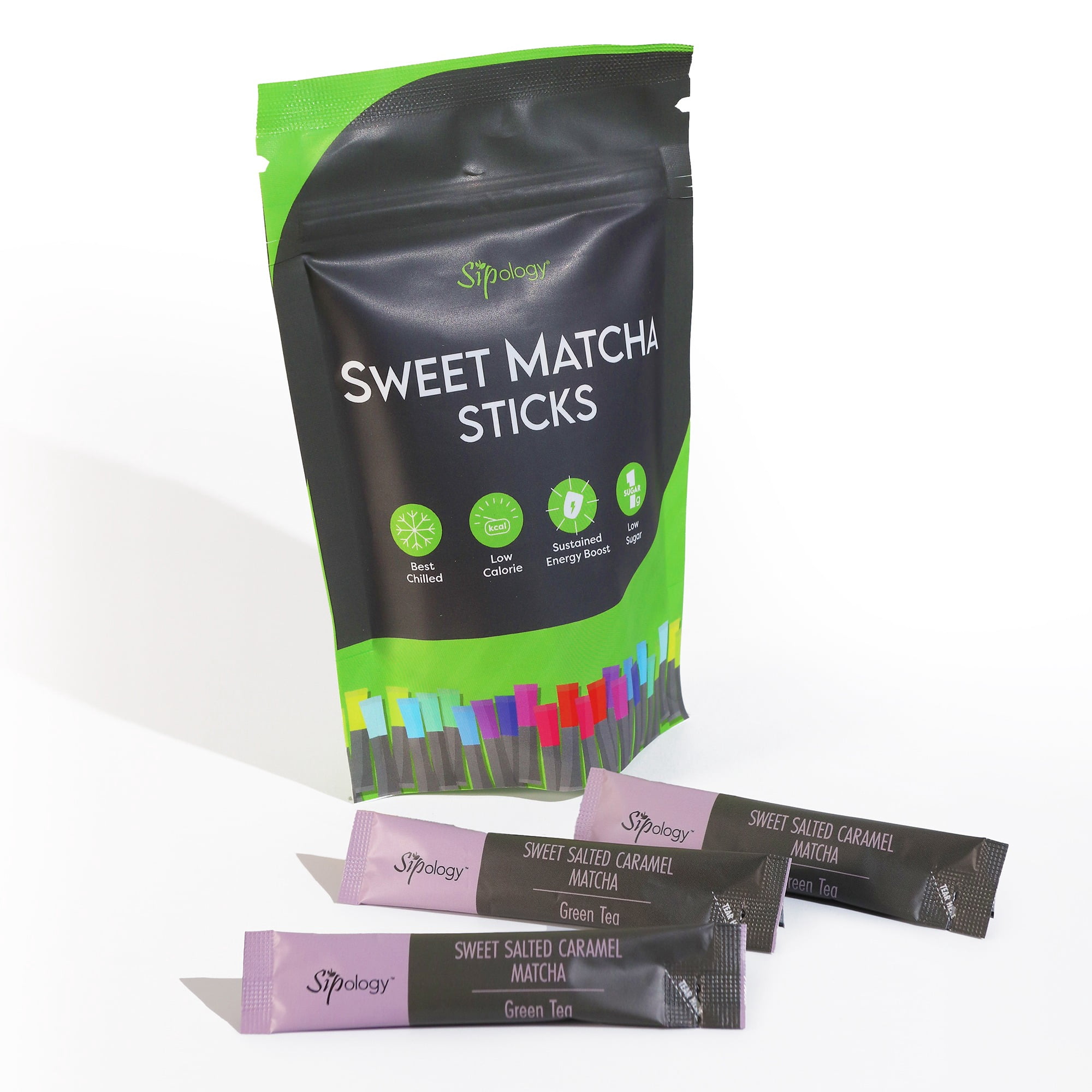 Sipology: Sweet Matcha - Salted Caramel - 10 Stick Pack, Powder Drink Mix, Hot Or Cold, Japanese Matcha, Low Sugar & Stevia Sweetened, Energy Boost