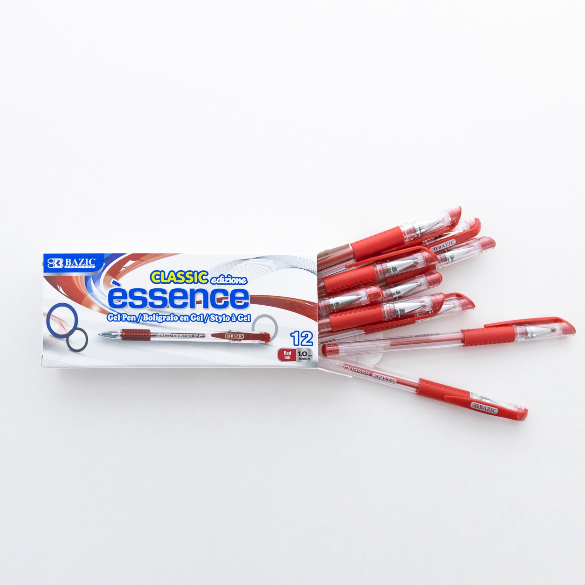 BAZIC Essence Gel Pen, Medium Point 1.0mm Red Pen, Comfort Grip, 12 Count, 12-Packs