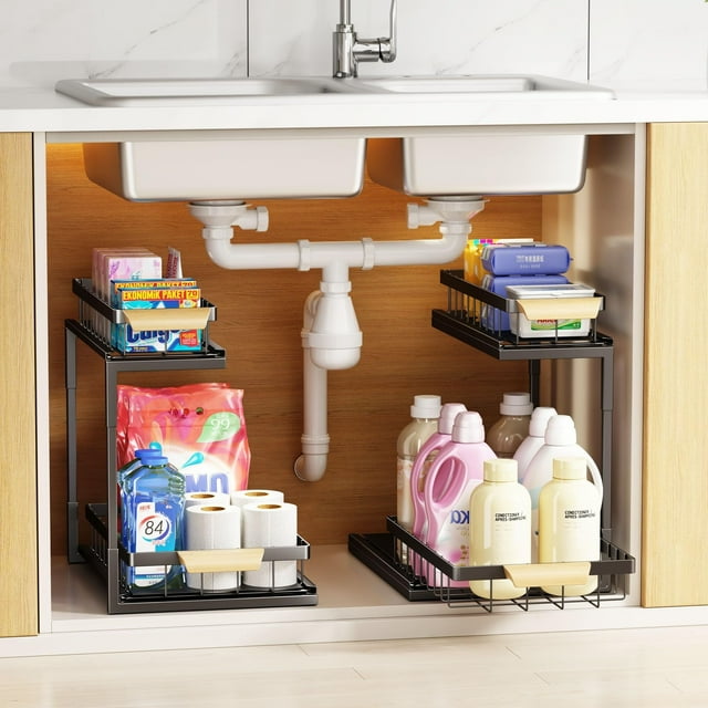 2-piezas Organizador Bajo Fregadero de 2 Niveles, Multiusos Deslizante Para Cocina y Baño, Organizador de cocina extraíble ajustable, organizador de cocina Negro