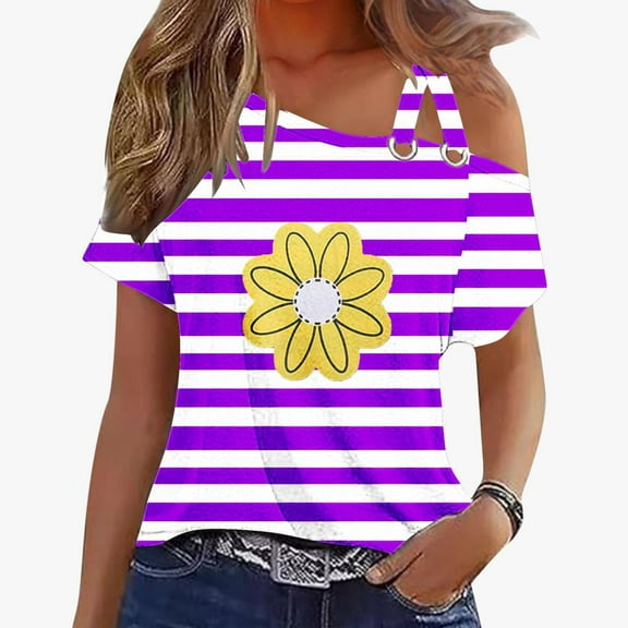 VERUGU Women's Casual Short Sleeve Tunics Camisole Tops One Shoulder T-Shirt Summer Trendy Stripe Floral Print Loose Flowy Blouse Tank Top for Leggings Purple S