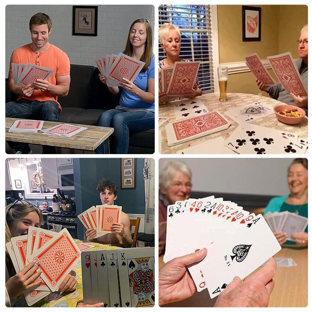 54 uds. de naipes jumbo, tema de juego gigante súper grande: baraja de 54 cartas de papel 12x17 cm con dorso rojo usada en juegos de mesa y entretenimiento; manos y jugadores sostienen cartas de póquer de gran tamaño en mesa y sofá; también adecuada para representaciones teatrales o decoración.